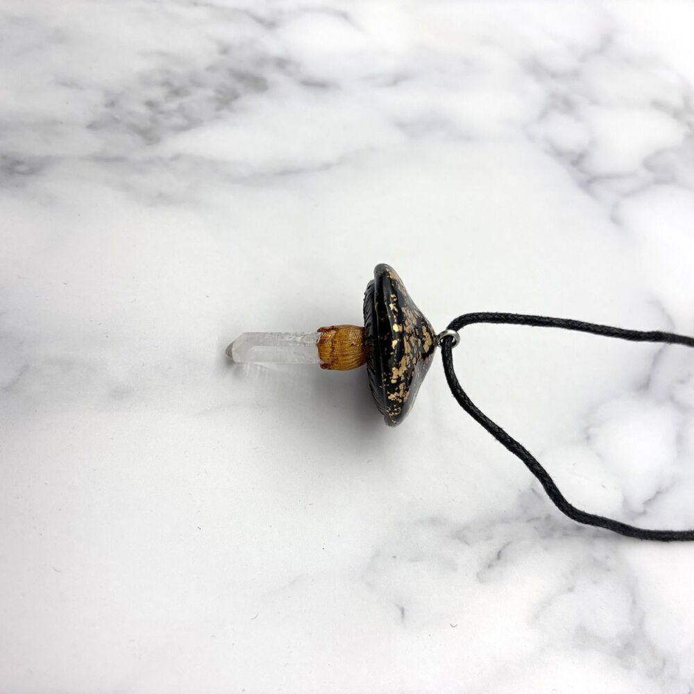 Black Mushroom Necklace with Quartz Crystal | Gold Leaf Polymer Clay Pendant - Picture 6 of 10